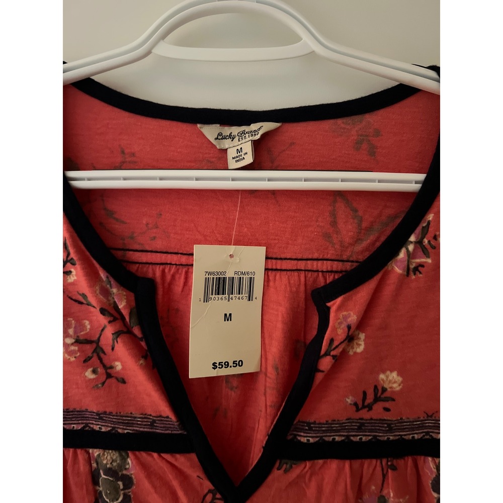Lucky Brand Women Coral Red Floral Paisley Split Neck Top 7W63002 Size M NEW - Picture 2 of 11